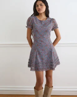 Koharu Mini Dress in Shadow Blossom Blue Chiffon