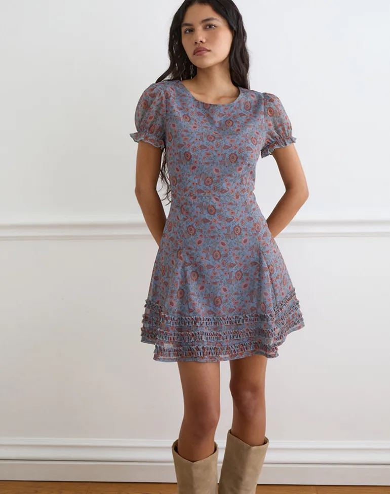 Koharu Mini Dress in Shadow Blossom Blue Chiffon