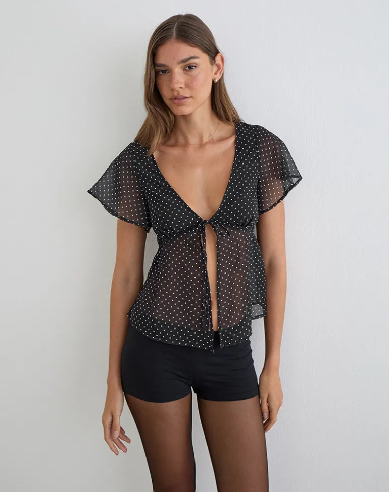 Kota Chiffon Blouse in Black with Micro Polka Print