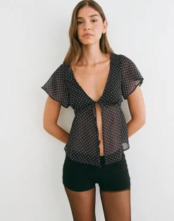 Kota Chiffon Blouse in Black with Micro Polka Print