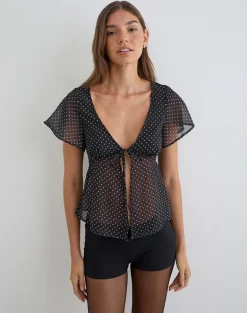 Kota Chiffon Blouse in Black with Micro Polka Print