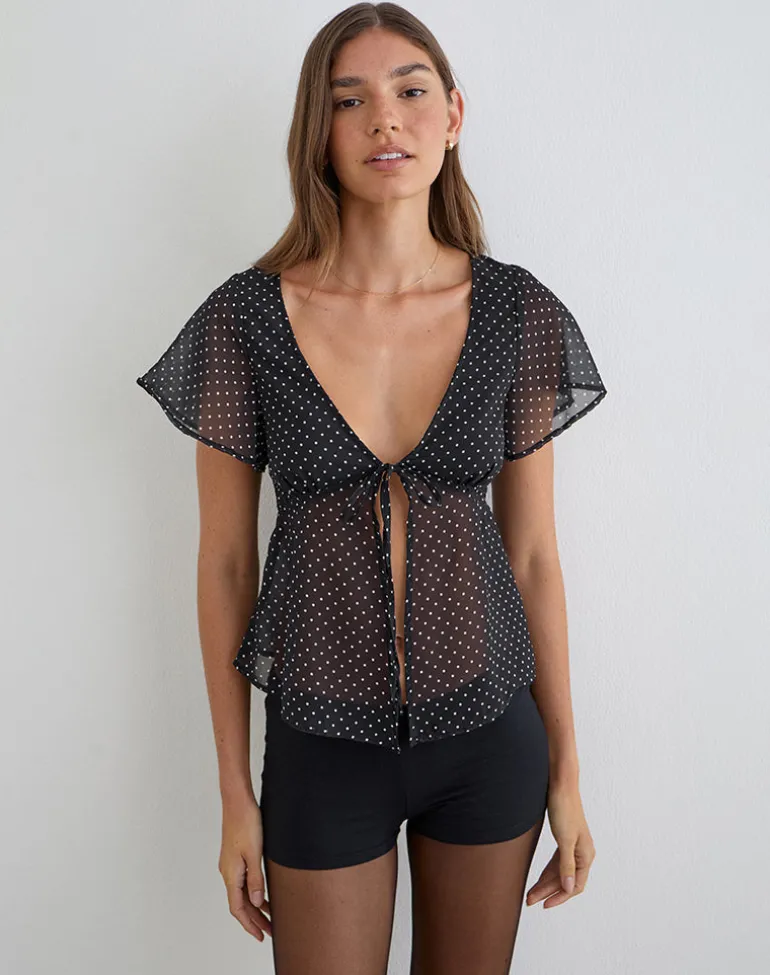 Kota Chiffon Blouse in Black with Micro Polka Print