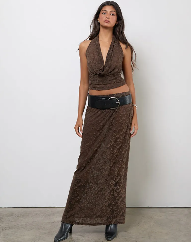 Kylo Halter Top in Jacquard Knit Dark Brown