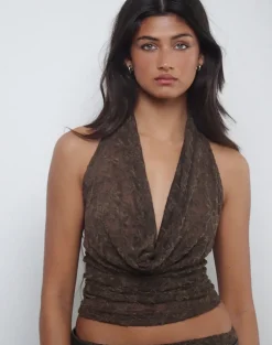Kylo Halter Top in Jacquard Knit Dark Brown