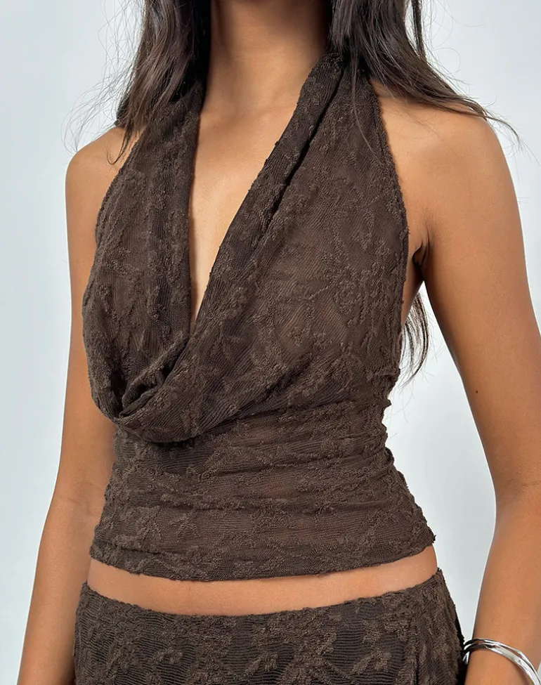 Kylo Halter Top in Jacquard Knit Dark Brown