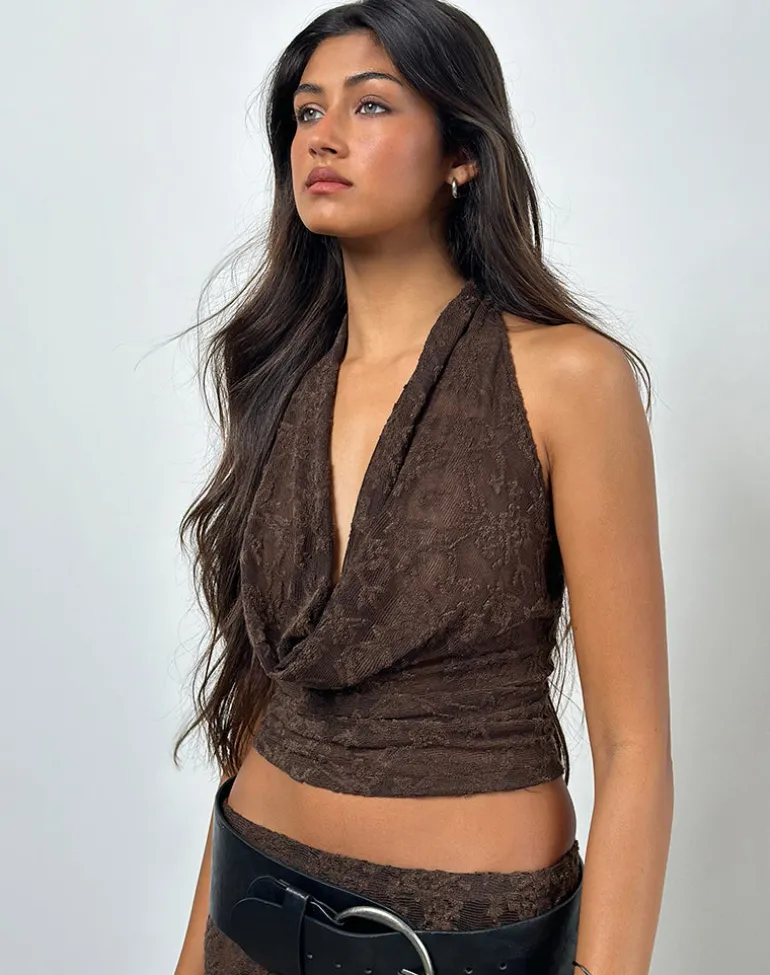 Kylo Halter Top in Jacquard Knit Dark Brown