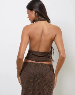 Kylo Halter Top in Jacquard Knit Dark Brown