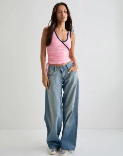 Laird Wrap Top in Ballet Pink with Navy Binding