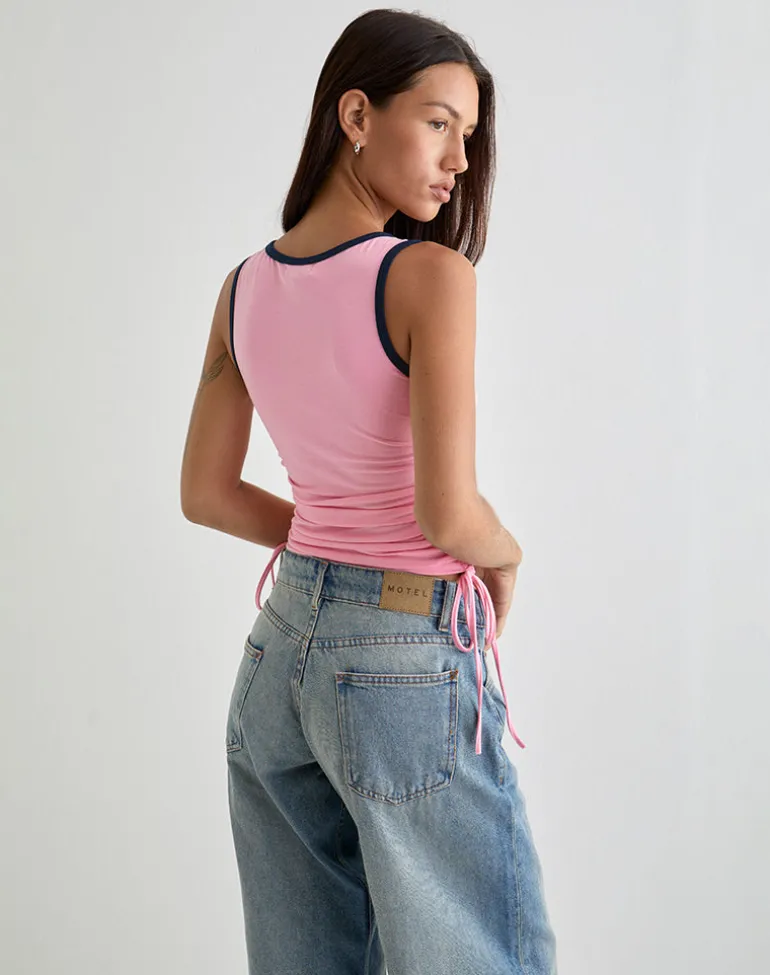 Laird Wrap Top in Ballet Pink with Navy Binding
