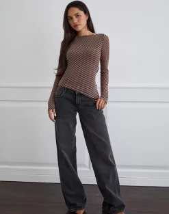 Lakya Long Sleeve Top in Diagonal Stripe Flocked Brown and Cream