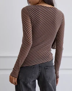 Lakya Long Sleeve Top in Diagonal Stripe Flocked Brown and Cream