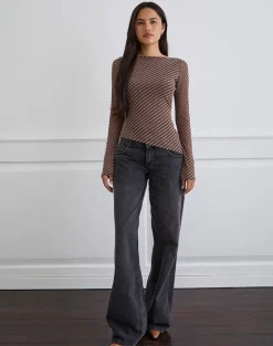 Lakya Long Sleeve Top in Diagonal Stripe Flocked Brown and Cream