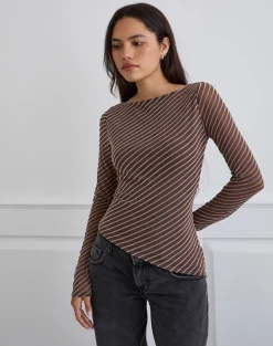 Lakya Long Sleeve Top in Diagonal Stripe Flocked Brown and Cream