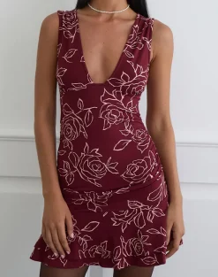 Lanai Mini Dress in Outline Rose Maroon