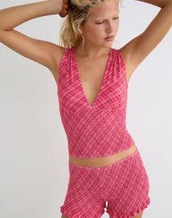 Lantia Shirred Top in Tilted Check Pink