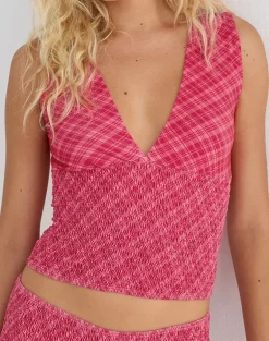 Lantia Shirred Top in Tilted Check Pink