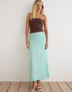 Larina Maxi Skirt in Chiffon Floral Sequin Turquoise