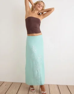 Larina Maxi Skirt in Chiffon Floral Sequin Turquoise
