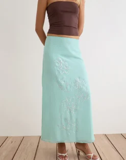 Larina Maxi Skirt in Chiffon Floral Sequin Turquoise