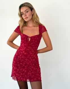 Lashka Mini Dress in Red Grunge Floral Flock