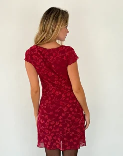 Lashka Mini Dress in Red Grunge Floral Flock
