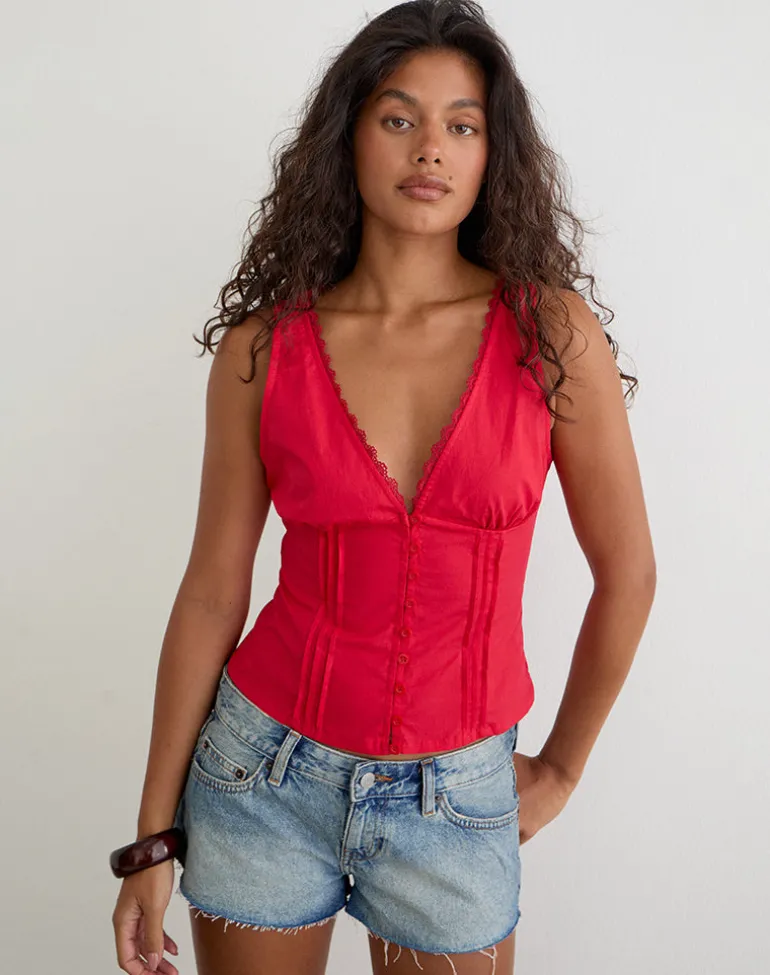 Lasily V Neck Corset Top in Poplin Scarlet Red