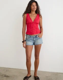 Lasily V Neck Corset Top in Poplin Scarlet Red