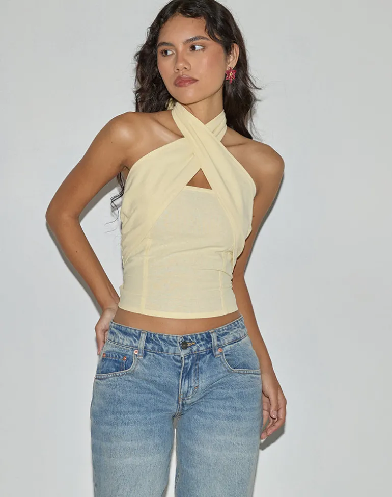 Lasy Linen Wrap Halterneck Top in Lemon