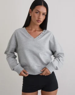Lazuly Slim Sweatshirt in Grey Marl with Studs