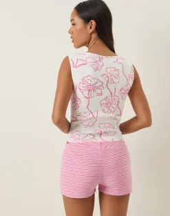 Leen Tank Top in White with Pink Hibiscus Doodle Print