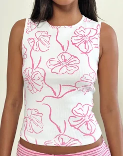 Leen Tank Top in White with Pink Hibiscus Doodle Print