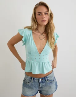 Leisma Frill Top in Jersey Aqua with Studs
