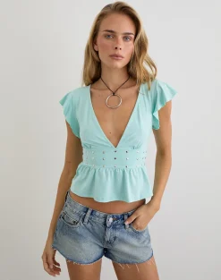 Leisma Frill Top in Jersey Aqua with Studs