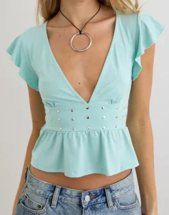 Leisma Frill Top in Jersey Aqua with Studs