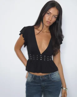 Leisma Frill Top in Jersey Black with Studs
