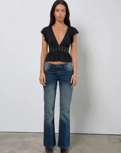 Leisma Frill Top in Jersey Black with Studs