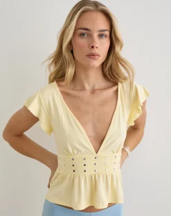 Leisma Frill Top in Jersey Lemon with Studs