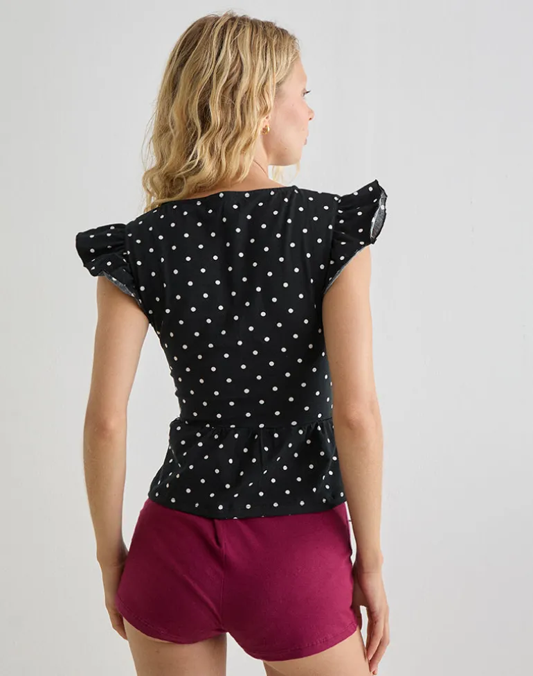 Leisna Frill Top in Polka Black