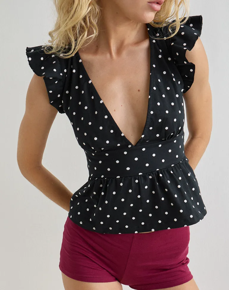 Leisna Frill Top in Polka Black