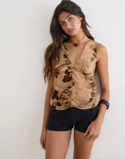 Lentera V-Neck Top in Floral Devore Beige