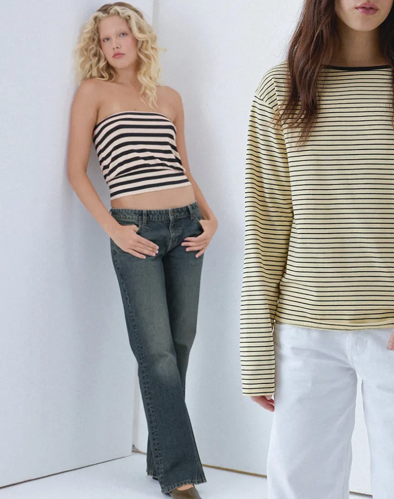 Leocadia Bandeau Top in Cupro Stripe Black and Ivory