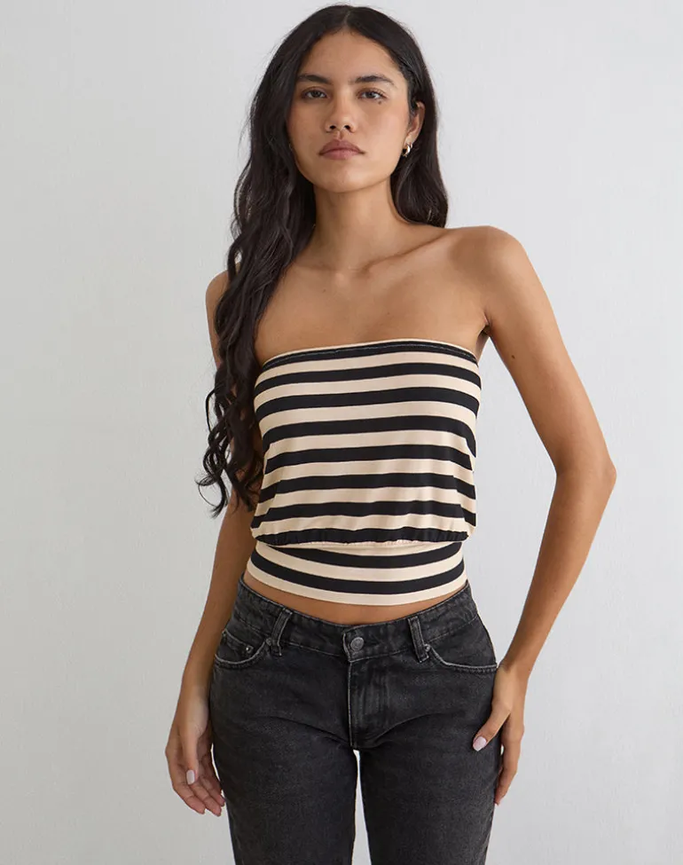 Leocadia Bandeau Top in Cupro Stripe Black and Ivory