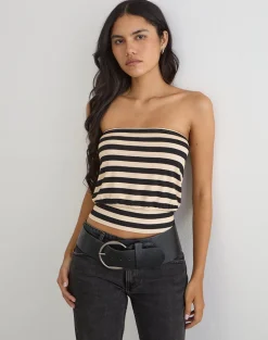Leocadia Bandeau Top in Cupro Stripe Black and Ivory