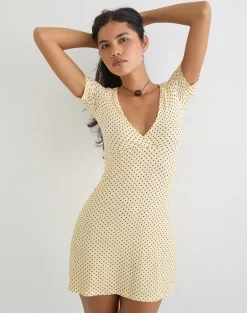 Letiria Mini Dress in Butter Yellow with Micro Polka Dots