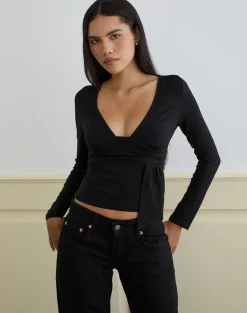 Levard Long Sleeve Top with Drape in Jersey Black
