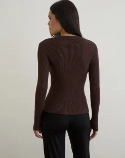 Liano Zip Cardigan in Rib Knit Brown