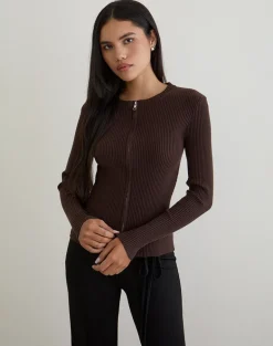 Liano Zip Cardigan in Rib Knit Brown
