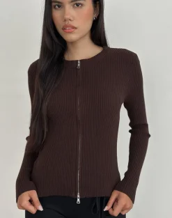 Liano Zip Cardigan in Rib Knit Brown