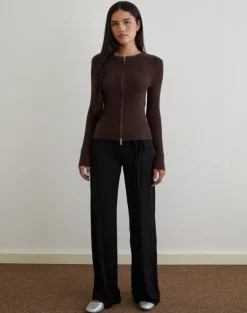 Liano Zip Cardigan in Rib Knit Brown