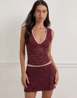 Lihat Top in Lace Burgundy with Pink Binding